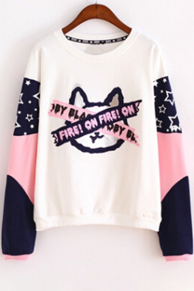 Color Block Cat Letter Pentagram Printed Round Neck Long Sleeve Sweatshirt