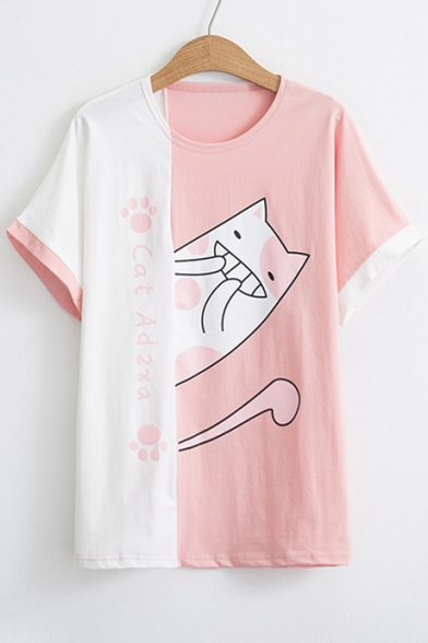 Color Block Cat Letter Printed Round Neck Short Sleeve Tee
