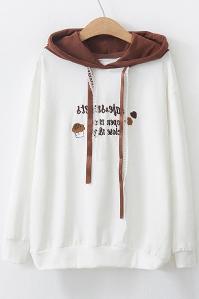 Color Block Hood Letter Cake Embroidered Lace Drawstring Long Sleeve Hoodie