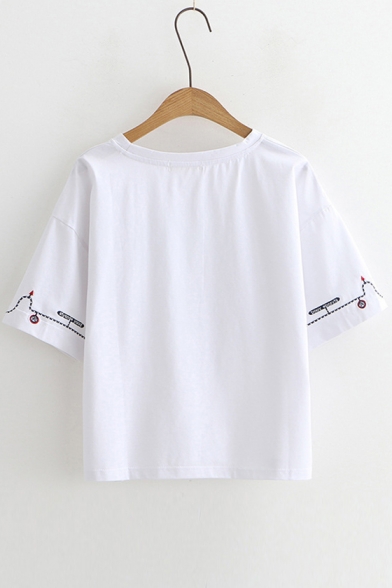 Colorful Embroidered Round Neck Short Sleeve Tee