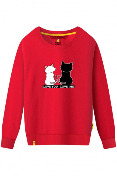 Couple Cats Letter Printed Round Neck Long Sleeve Sweatshirt