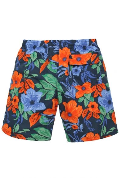 Elastic Men's Quick Drying Navy Blue Floral Pattern Swimming Shorts Trunks without Mesh Liner