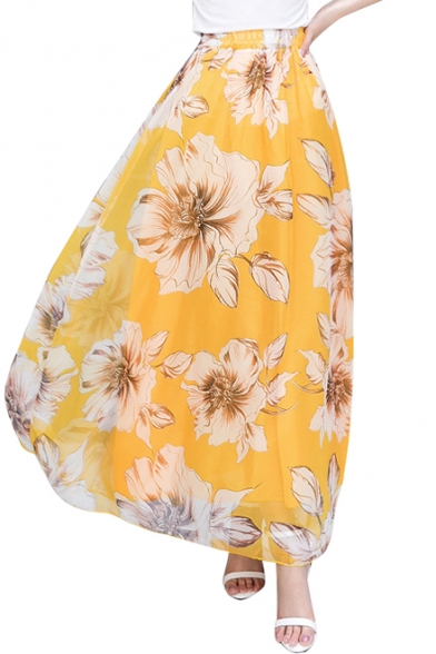 Elastic Waist Floral Printed Maxi A-Line Chiffon Skirt