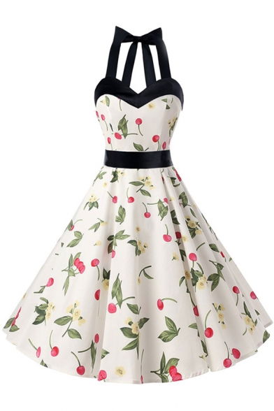 Elegant Retro Floral Printed Halter Sleeveless Midi A-Line Dress