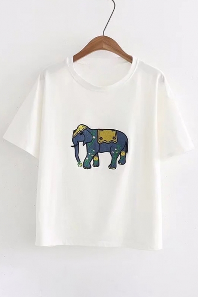 Elephant Embroidered Applique Round Neck Short Sleeve Tee