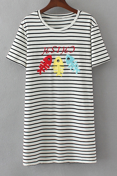Fish Embroidered Stripes Round Neck Short Sleeve Dress