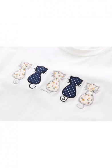 Five Cats Embroidered Applique Round Neck Short Sleeve Tee
