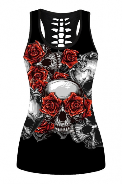 Floral Skull Printed Hollow Out Back Sleeveless Tank