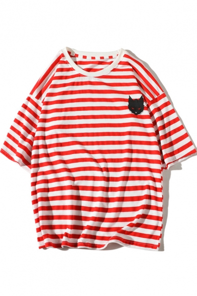 Leisure Cat Printed Round Neck Short Sleeve Striped Tee
