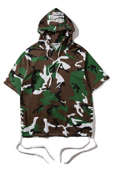Letter Character Camouflage Printed Short Sleeve Hooded Tee
