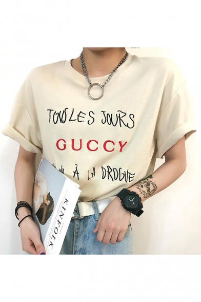 Letter Printed Round Neck Short Rolled Sleeve Tee