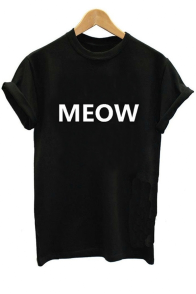 MEOW Letter Printed Round Neck Short Sleeve Tee