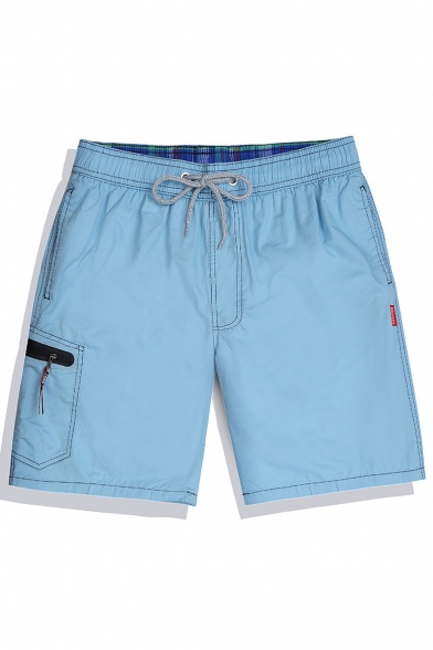Bright Blue Elastic Drawstring Fast Drying Plain Cargo Swim Shorts Trunks with Pockets without Mesh Lining