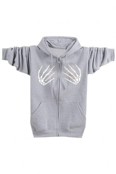Skeleton Hands Zipped Long Sleeve Hooded Coat with Double Pockets