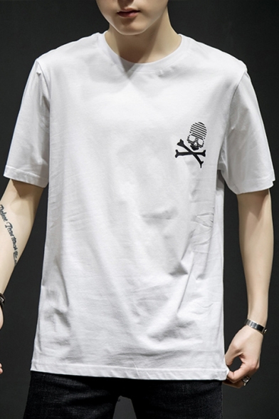 Skull Letter Printed Back Round Neck Short Sleeve Tee