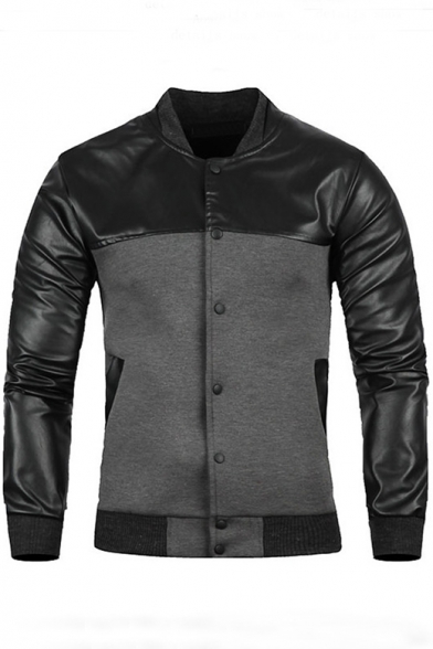 Stand Collar Single-Breasted Button Panel PU Leather Plain Jacket with Double Pockets