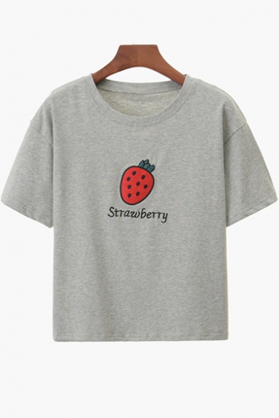 Strawberry Letter Embroidered Round Neck Short Sleeve Crop Tee