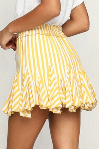Striped Printed Drawstring Waist Asymmetric Hem Mini A-Line Skirt