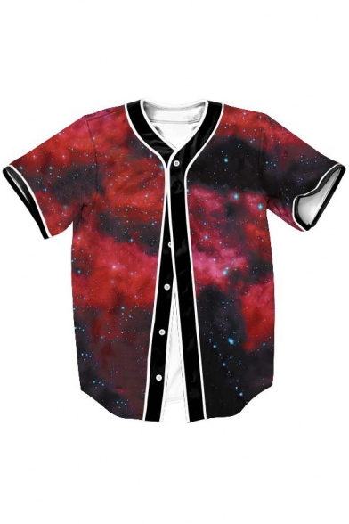Trendy Galaxy Printed Short Sleeve Buttons Down Baseball Tee