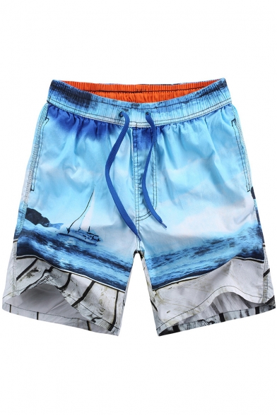 Unique Big Mens Blue Sea Boat Printed Beachwear Swimming Shorts without Lining with Pockets