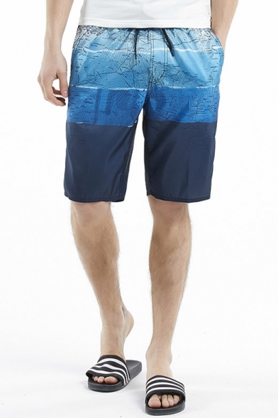 Unique Fast Dry Blue Map Color Block Printed Swimming Shorts with Drawcord and Pockets