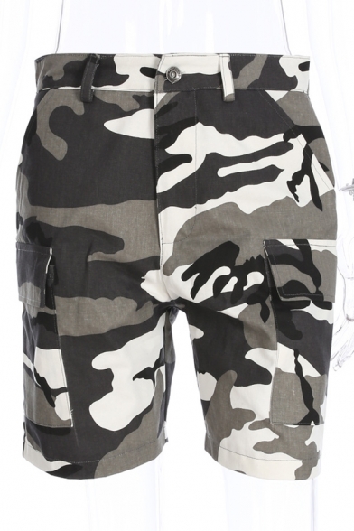 Women's High Waist Camouflage Printed Zipper Fly Loose Utility Shorts
