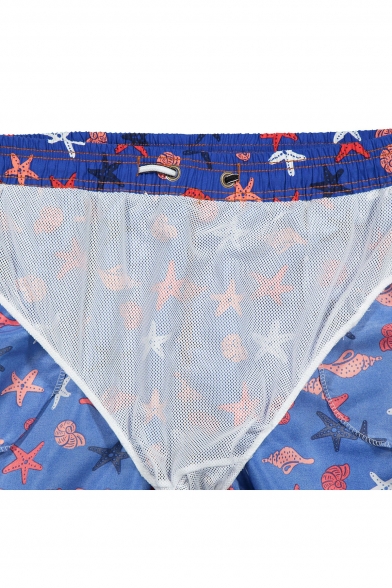 Big and Tall Blue Starfish Shell Printed Elastic Funny Swimming Shorts with Pockets and Liner