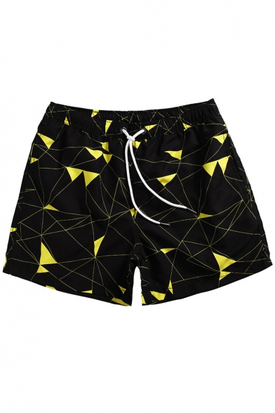Black Geometric Pattern Short Drawcord Swim Trunks with Hook and Loop Pockets