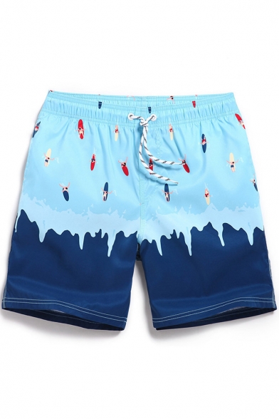 Blue and Navy Funny Color Block Surfing Cartoon Swim Shorts Bathing Suit for Male with Lined Side Pockets
