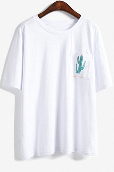 Cactus Letter Printed Pocket Round Neck Short Sleeve Tee