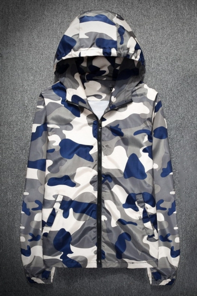 Camouflage Printed Long Sleeve Zip Up Hooded Coat
