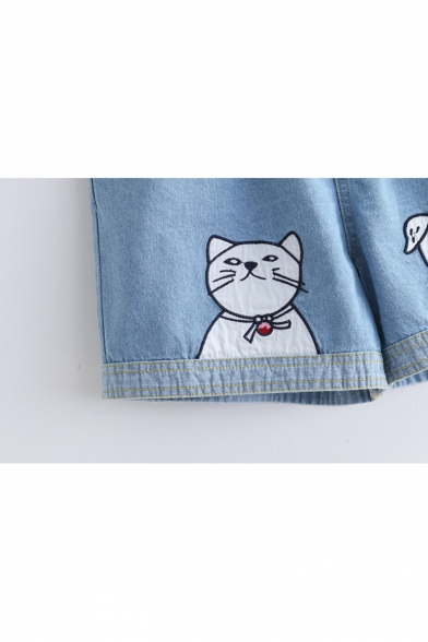 Cat Dog Embroidered Drawstring Waist Denim Shorts