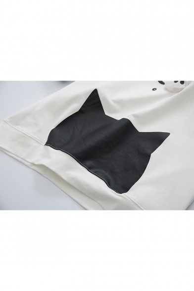 Cat Japanese Contrast Striped Printed Short Sleeve Hooded Tee