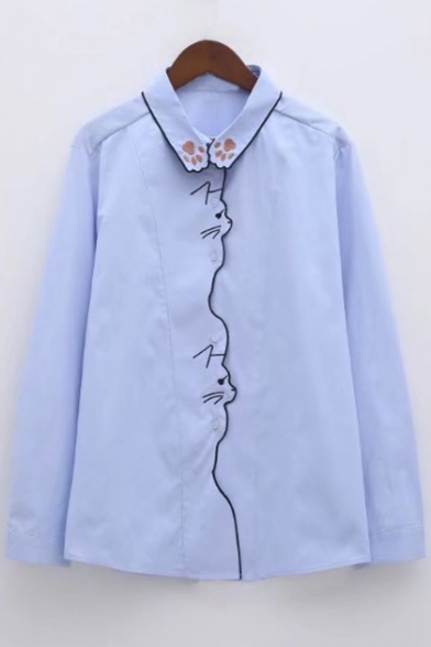 Cat Pattern Embroidered Lapel Collar Long Sleeve Buttons Down Shirt