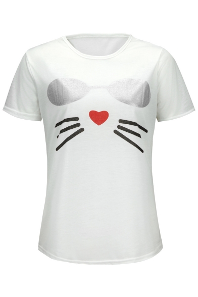 Cat's Face Printed Round Neck Short Sleeve Tee