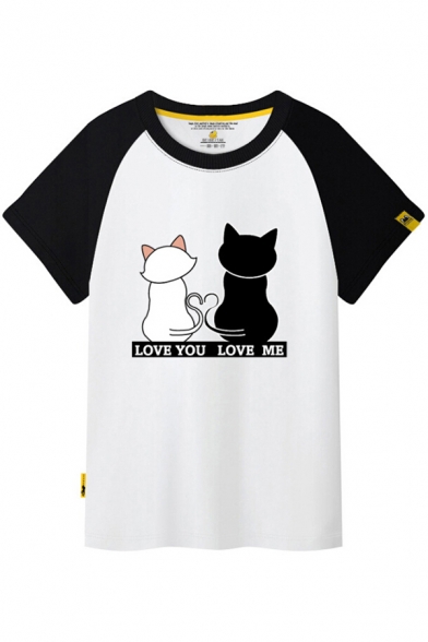 Color Block Raglan Short Sleeve Couple Cats Letter Printed Round Neck Tee