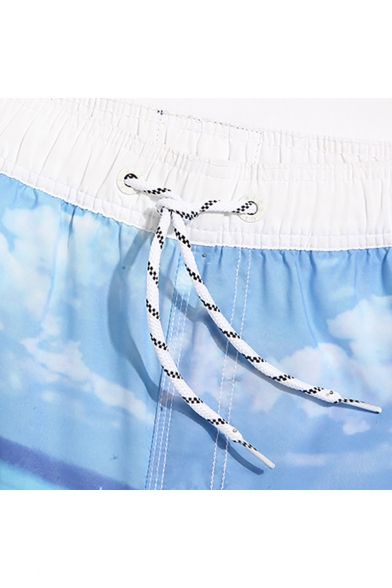 Cool White and Blue Elastic Sand Beach Printed Stretch Bathing Shorts Trunks for Men with Hook and Loop Pockets