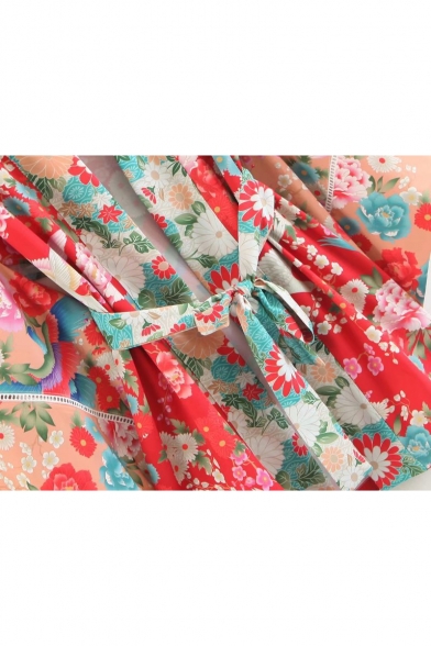 Crane Floral Printed Collarless Flare Long Sleeve Kimono