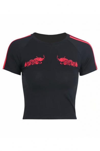 Dragon Embroidered Contrast Striped Round Neck Short Sleeve Tee