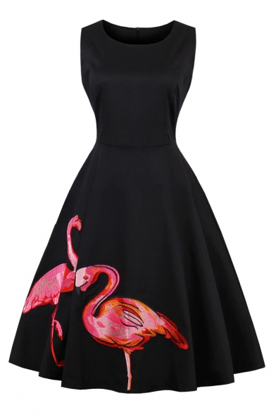 Elegant Flamingo Printed Round Neck Sleeveless Midi A-Line Dress