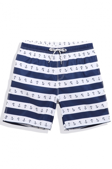 Fashion Elastic Drawstring Navy Blue and White Striped Anchor Bathing Suits without Lining