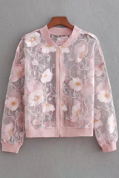 Floral Embroidered Sheer Zipped Front Long Sleeve Cropped Coat