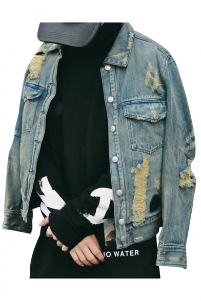 Graffiti Letter Printed Back Cut Out Lapel Collar Long Sleeve Buttons Down Denim Jacket