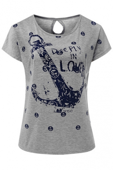 Letter Anchor Printed Round Neck Short Sleeve Tee