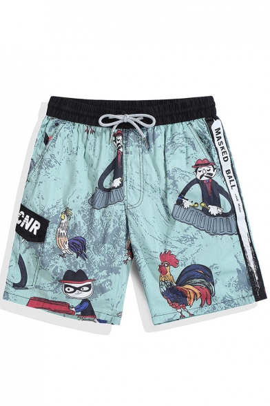 Mens Blue Quick Dry Big and Tall Elastic Cool Rooster Cartoon Swim Trunks Shorts without Mesh Liner