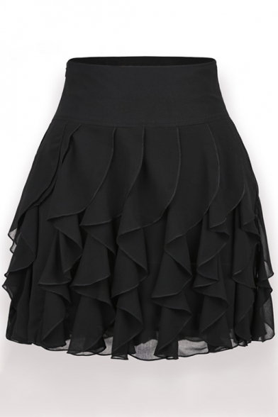 Pleated Plain Elastic Waist Mini Chiffon Skirt