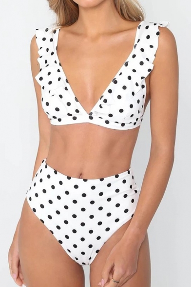 Ruffle Detail Polka Dot Printed Sleeveless V Neck Top with High Waist Bottom Bikini