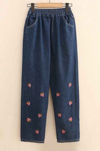 Strawberry Embroidered Elastic Waist Straight Jeans