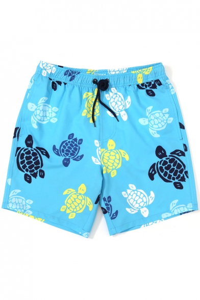 Top Fashion Men's Drawstring Bright Blue Colorful Turtle Swim Trunks with Liner