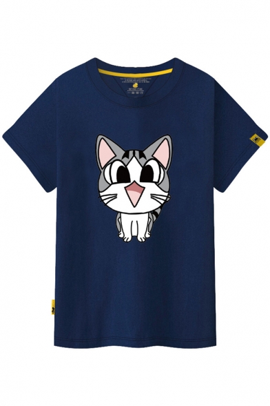 Unisex Cartoon Cat Printed Round Neck Short Sleeve Tee